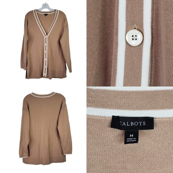 Talbots Button Up Cardigan Sweater Womens Size M Tennis Camel Tan Neutral - Picture 1 of 9
